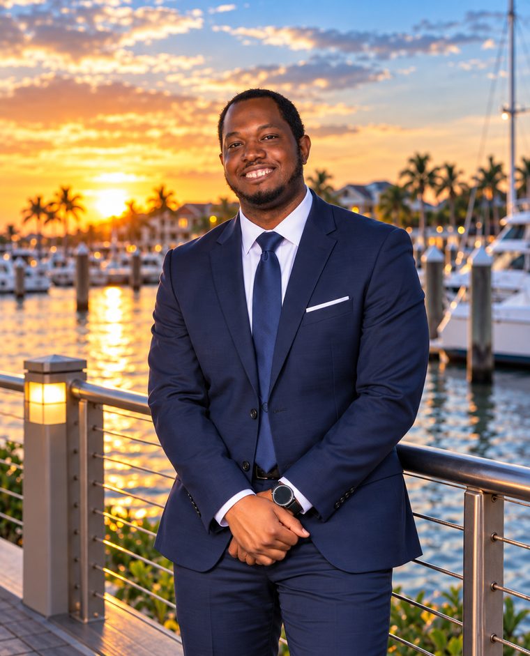 Matt, founder of MagiickDev, smiling in a navy suit on a marina boardwalk at sunset